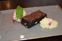 Chocolate Brownie with White Chocolate and Dehydrated Raspberry Mousse