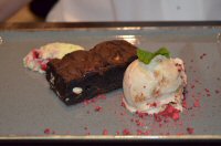 Chocolate Brownie with White Chocolate and Dehydrated Raspberry Mousse