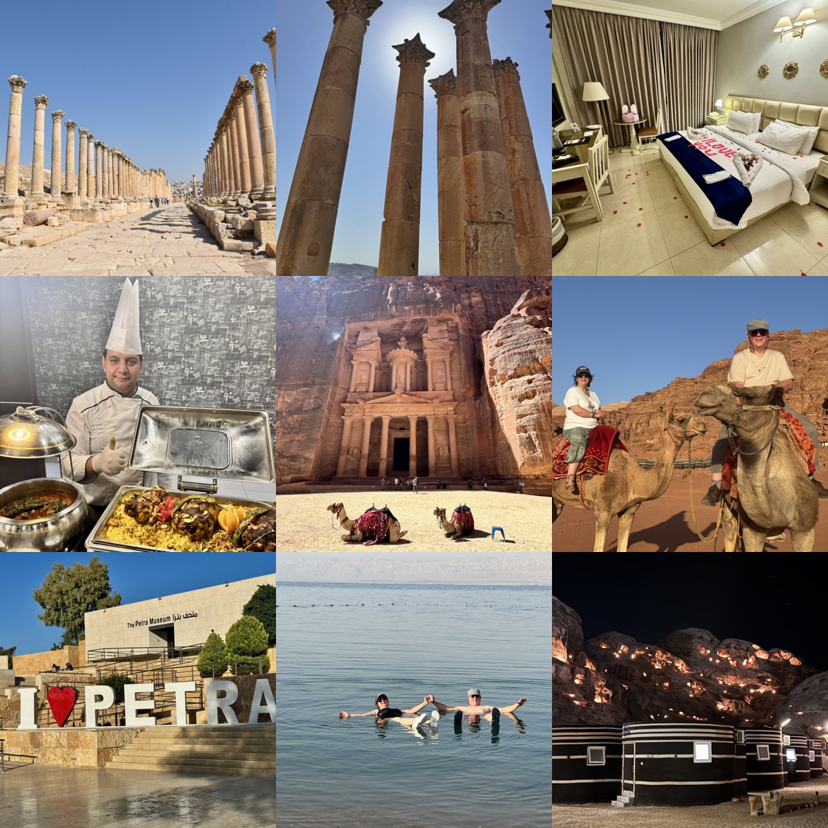 Jordan travel photo highlights including Jerash Roman ruins, Petra Treasury, Wadi Rum desert, camel rides and the Dead Sea