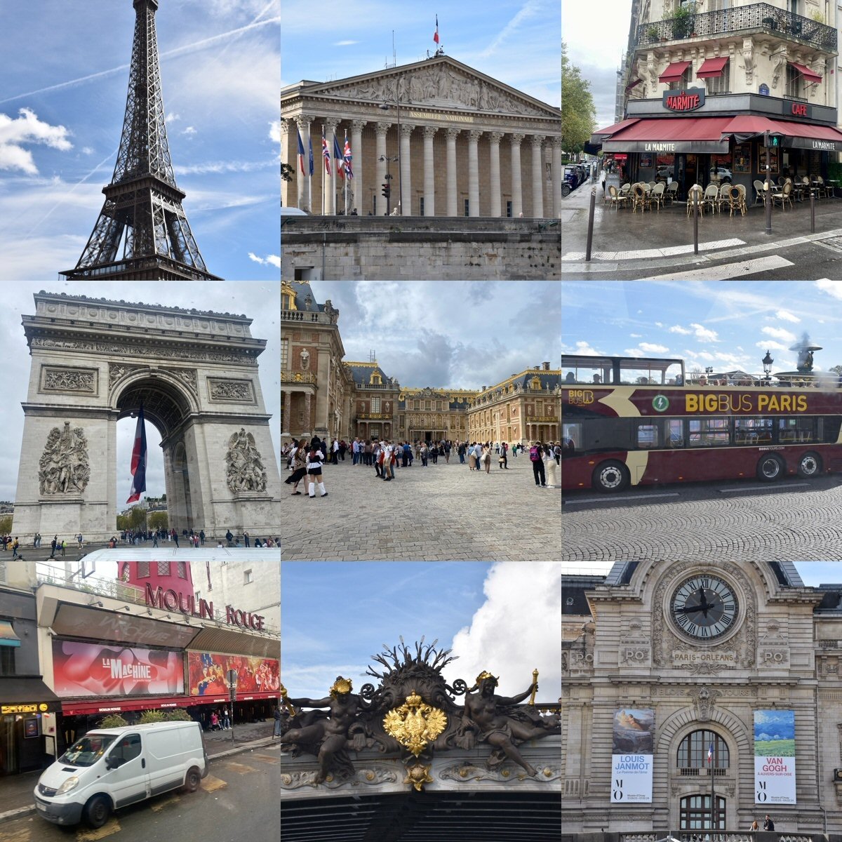 Paris travel photo highlights including the Eiffel Tower, Arc de Triomphe, Versailles, Montmartre and city landmarks